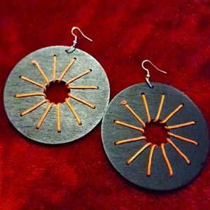 Beautiful Large Wooden Fashion Earrings w/Orange Threading, OSFM, NWOT